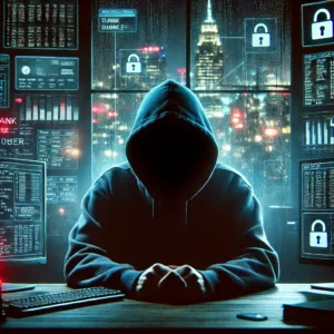 A mysterious figure in a dark hoodie sits at a dimly lit desk, their face hidden in shadows. Multiple computer screens glow around them, displaying cryptic codes, bank transactions, and warning messages. A city skyline with neon lights is visible through a rain-streaked window in the background, creating an intense atmosphere of secrecy and deception."